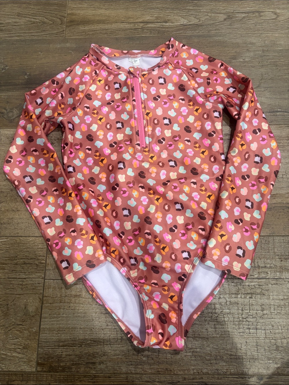 Cat and Jack Kids Long-Sleeve Rash Guard One-Piece Swimsuit - Pink Animal Print